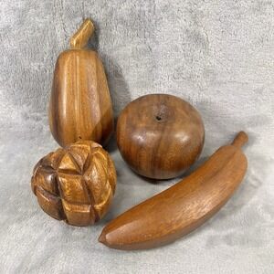 Vintage MCM 4 Piece‎ Wood Hand Carved Fruit And Vegetable Set Mid Century Modern